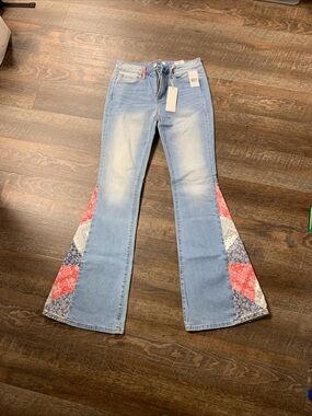 DRIFTWOOD Light Wash Flare Jeans with Red & Blue Bandana Panels